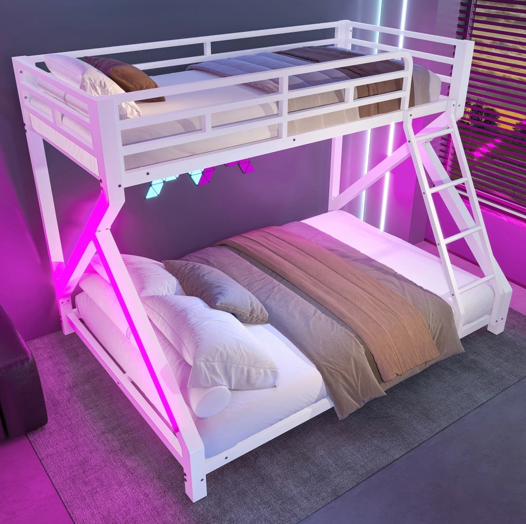 Letto a castello in metallo con LED; 90x200 cm e 140x200 cm; bianco