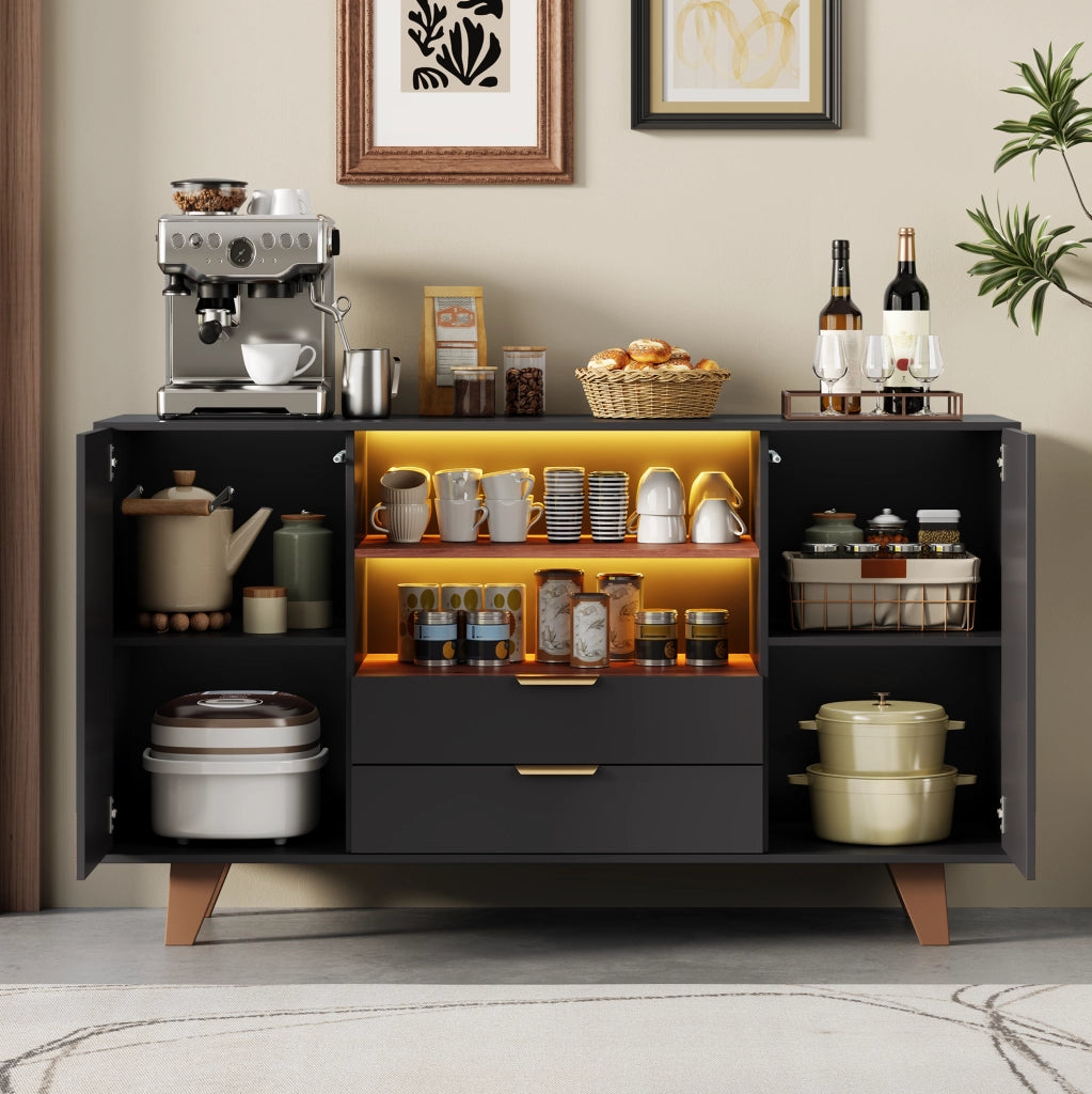 Credenza da cucina 150x40x90 cm in MDF naturale e nero con LED RGB e 2 cassetti