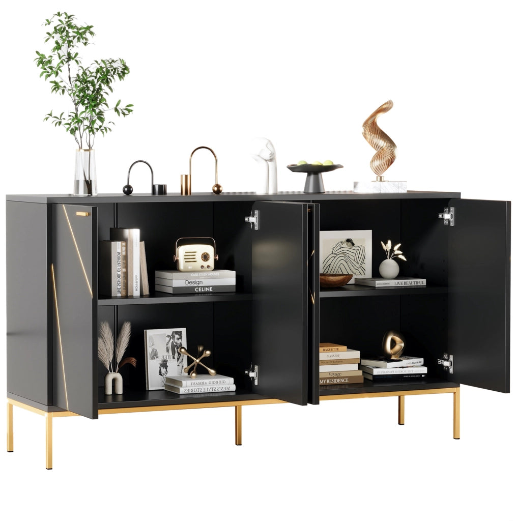 Credenza a 4 ante nera e oro con ripiano regolabile, 150x40x80 cm