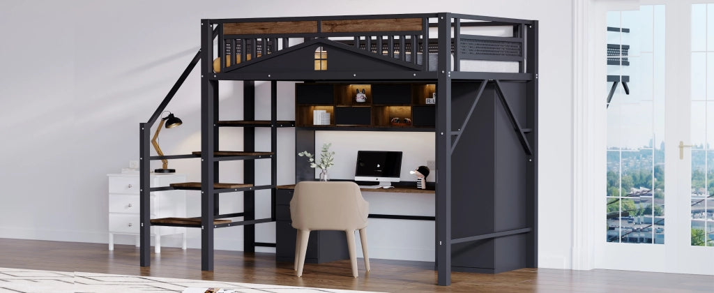 Letto a castello metallo e legno nero con funzione contenitore 140x200 cm