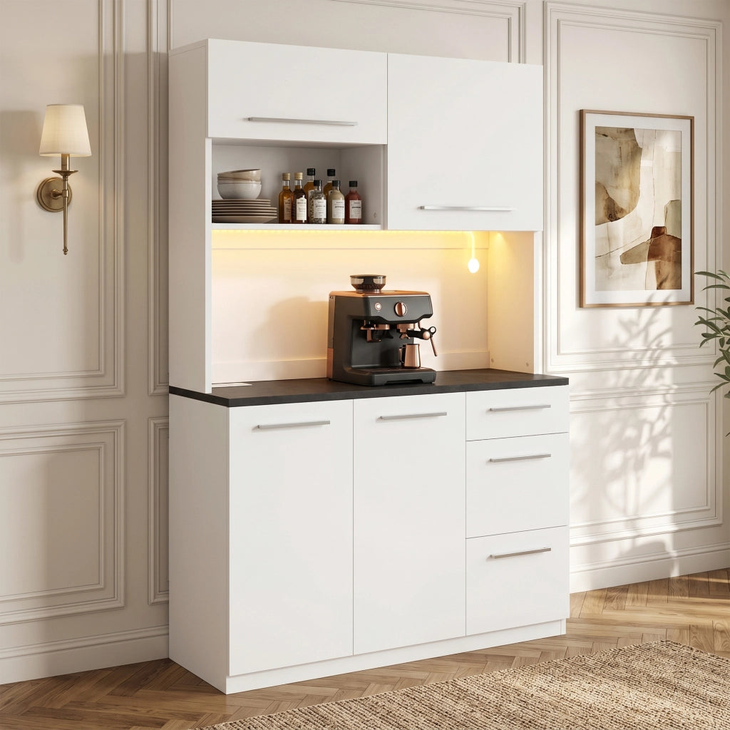 Credenza da soggiorno con ampio spazio di archiviazione, prese integrate, USB-A/USB-C e illuminazione LED, bianco, 120 × 40 × 180 cm