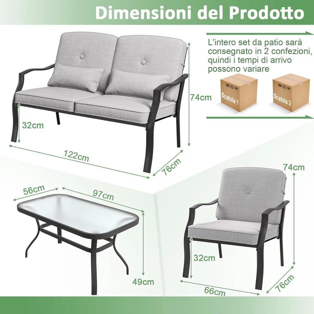 4 Pezzi Set di Mobili da Giardino, con Cuscini e Tavolino in Vetro Temperato, Struttura in MetalloSet di Divani da Esterno per Giardino Cortile e Piscina (Grigio)