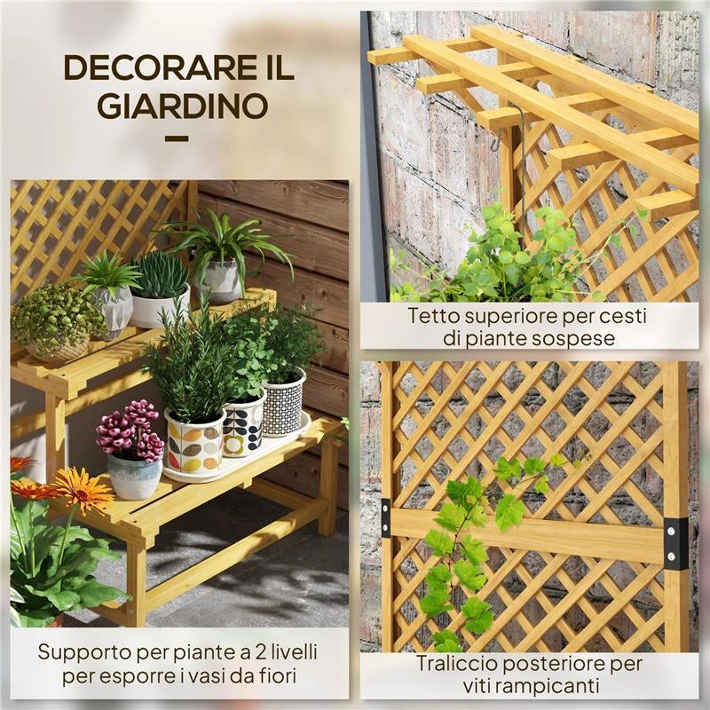 FIORIERA CON GRIGLIATO PER RAMPICANTI, 2 RIPIANI E BARRA SUPERIORE, IN LEGNO DI ABETE, 75X50X166 CM, GIALLO