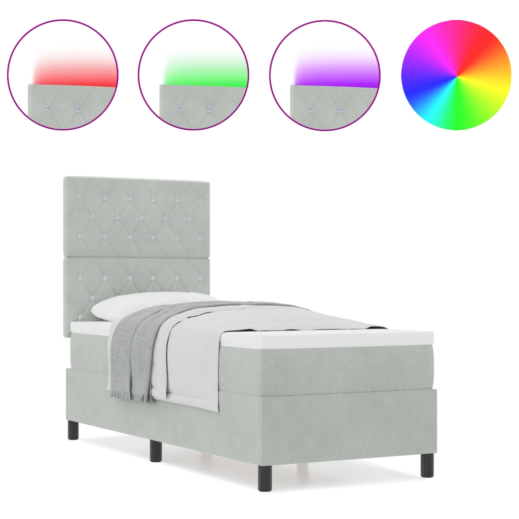 Letto Box Spring con Materasso e Luce LED Grigio Chiaro 80x200 cm Velluto