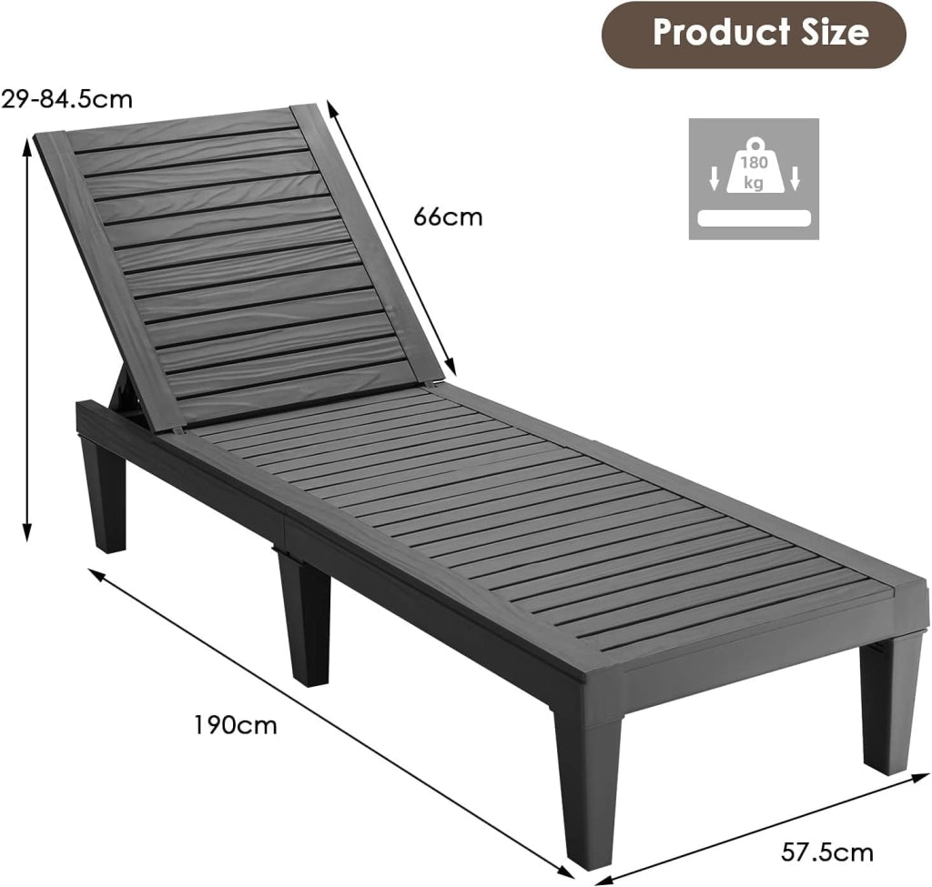 Sdraio da Giardino con Schienale Regolabile in 5 Posizioni, Sdraio Rilassante per Spiaggia, Terrazza e Piscina, 190 x 57,5 x 29 cm, 3 Colori Disponibili (Nero)