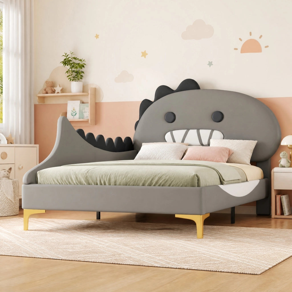 Letto per bambini a forma di dinosauro, 90x200 cm, in PU e MDF, colore grigio