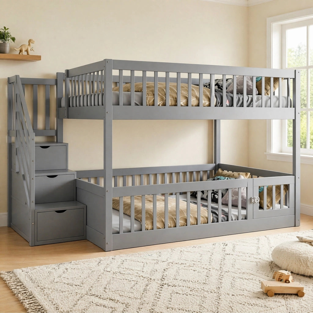 Letto a castello per bambini 140 × 200 cm con scala di sicurezza e cassetti in legno grigio