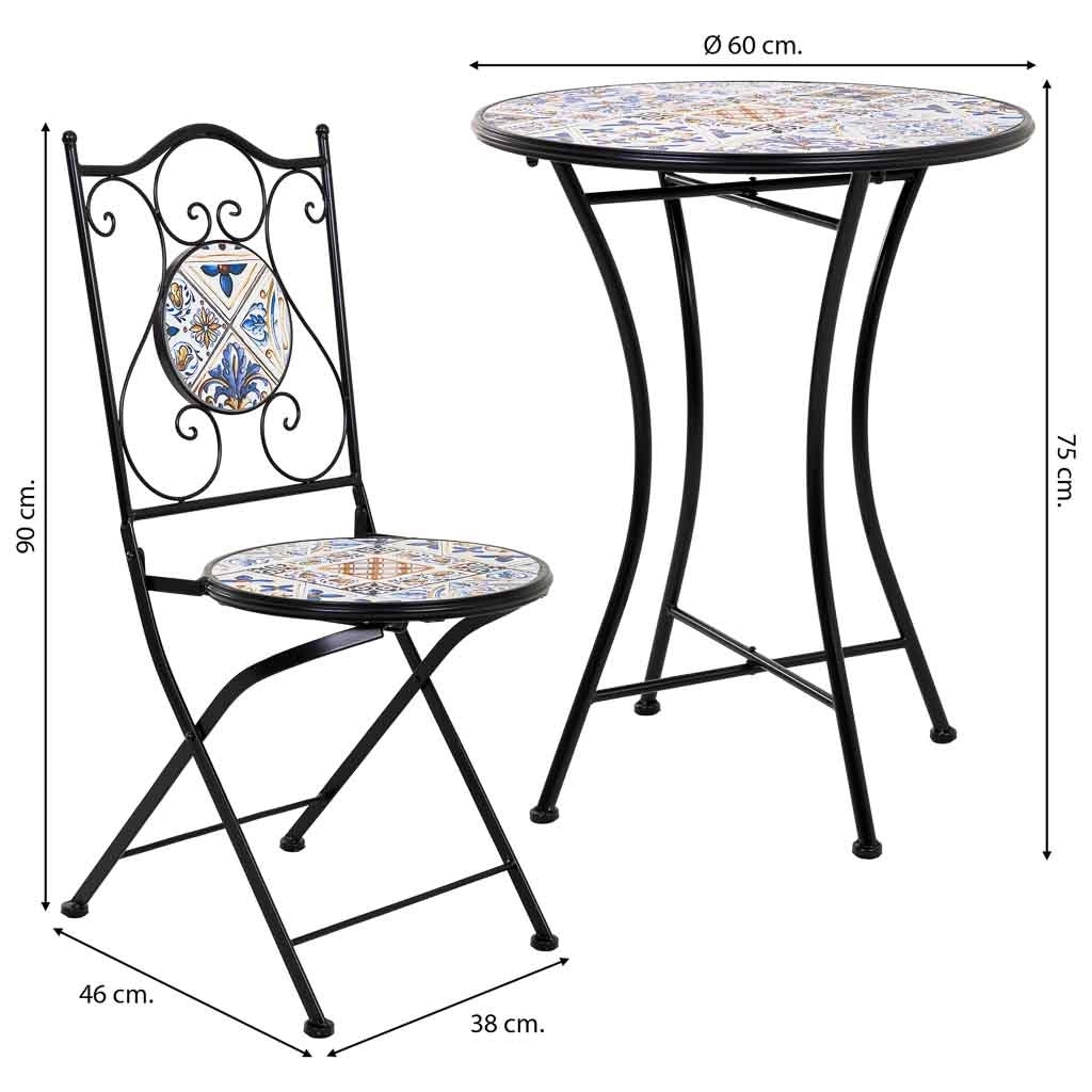 Set tavolo e due sedie in mosaico nero e ferro battuto tavolo: D60x75h - sedia (2): D38x46-90h