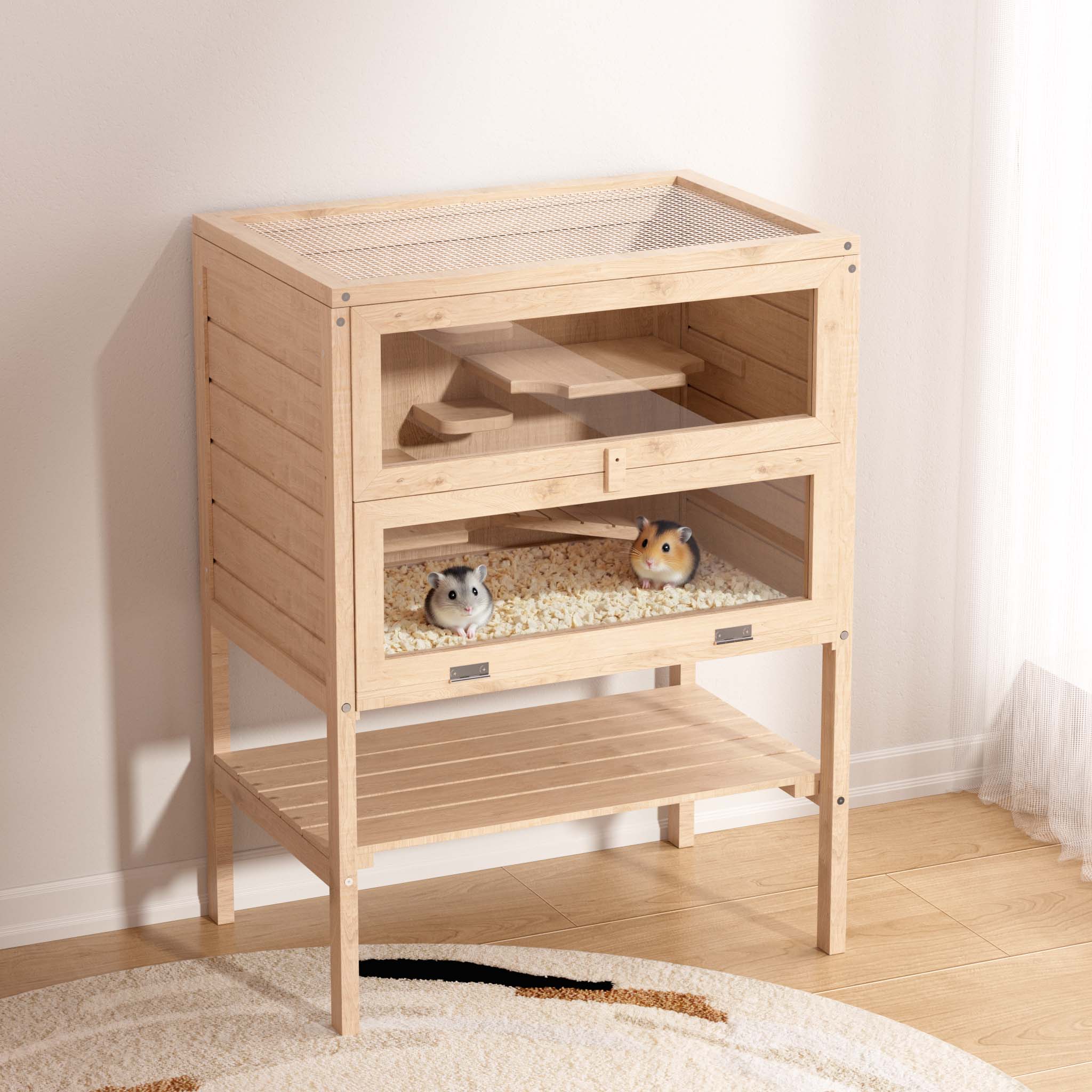 Gabbia per roditori piccoli animali a 3 livelli in legno e plexiglas con tetto apribile