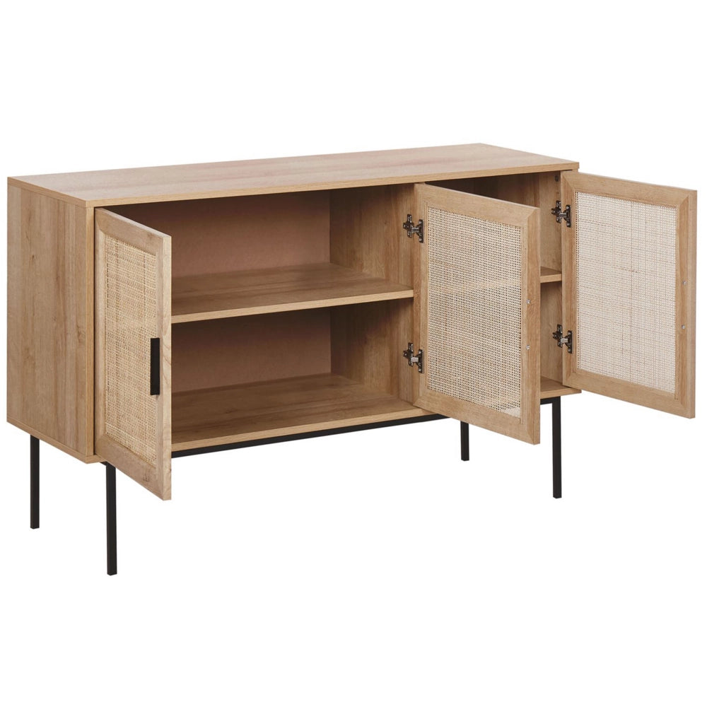 Credenza Moderna a 3 Cassetti con Fronte in Vimini 72 x 120 cm Legno Chiaro