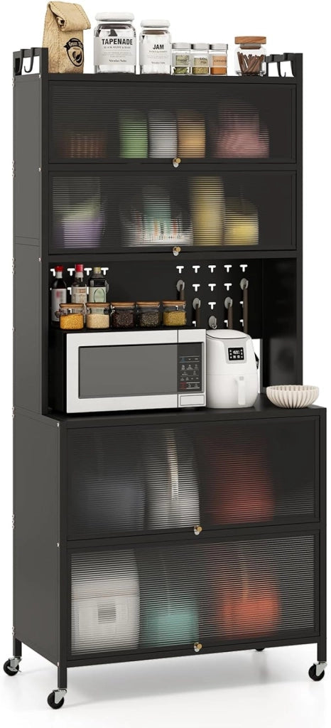 Credenza Alta per Cucina con 6 Ripiani e 4 Ante a Ribalta Traslucide, Mobile Cucina con Ruote e Panello a Ganci, Armadio Cucina Porta Microonde (80 x 40 x 178 cm,Nero)