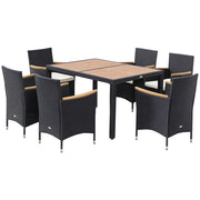 Set Tavolo e Sedie da Giardino 7 Pezzi in PE Rattan e Legno con Cuscini Morbidi, Nero