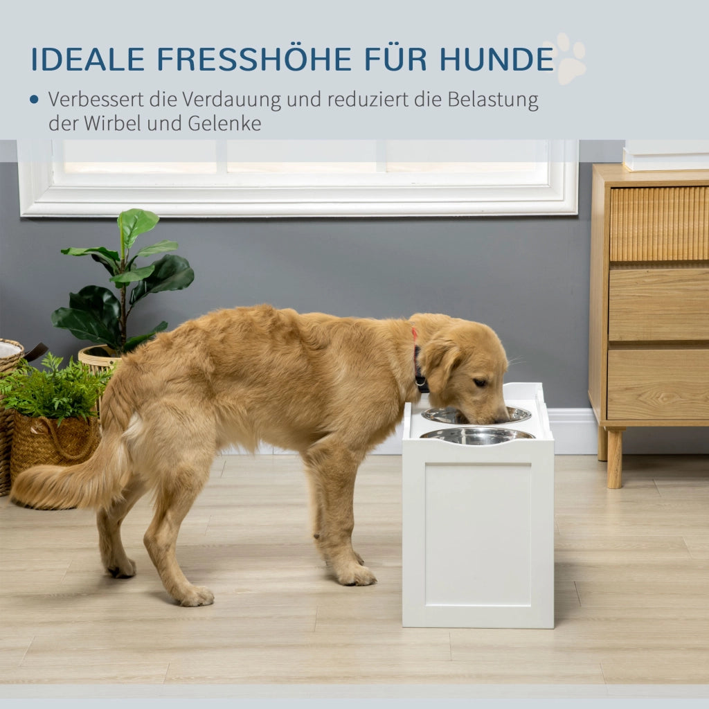 Stazione alimentare per cani con 2 ciotole ¨C zephmum ¨C bianco, acciaio inox, 63x30x24 cm
