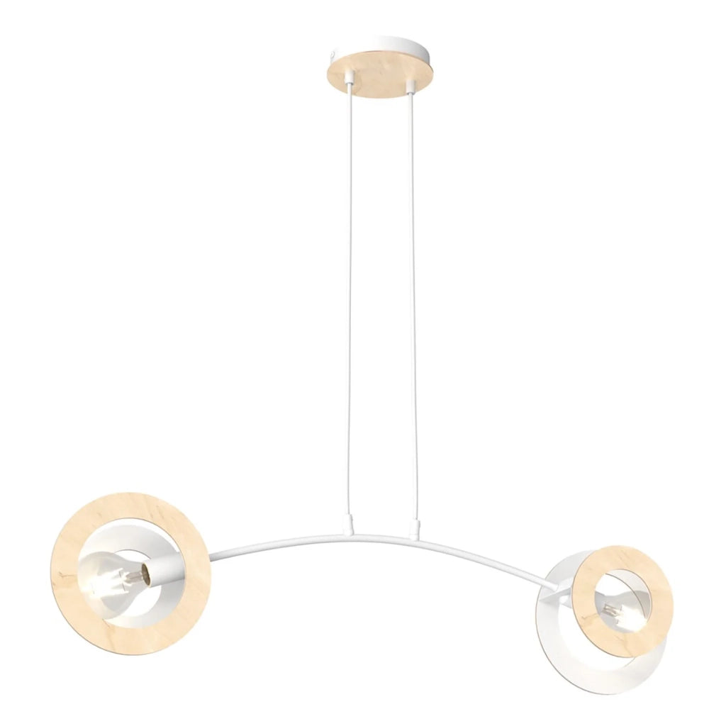 Lampadario 2 Luci Rea Acciaio Bianco Legno Naturale E Diffusori Doppio Cerchio