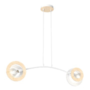 Lampadario 2 Luci Rea Acciaio Bianco Legno Naturale E Diffusori Doppio Cerchio