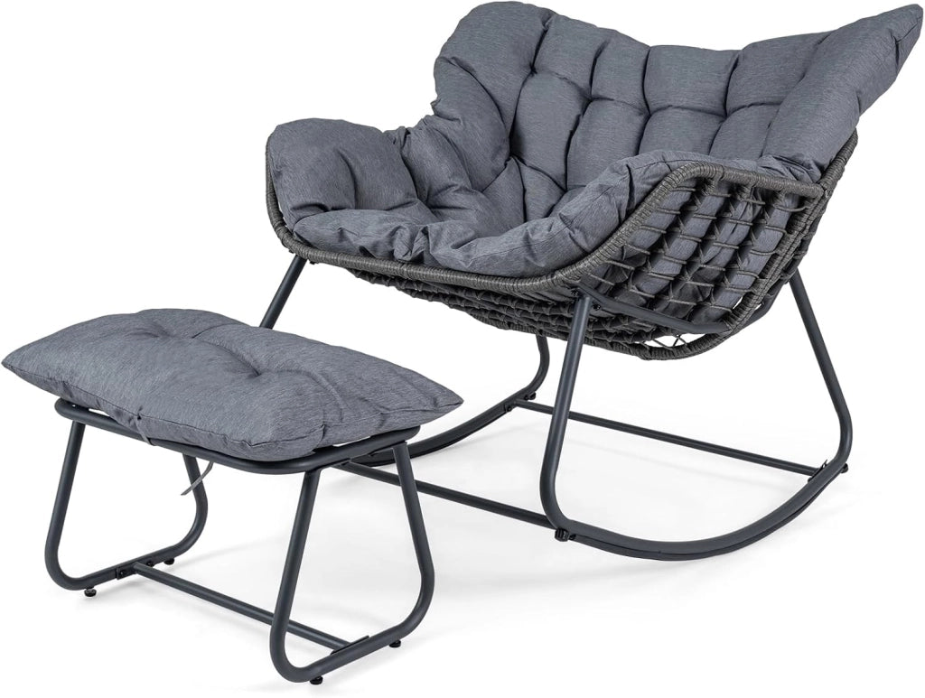 Poltrona a Dondolo con Poggiapiedi, Sedia a Dondolo da Interno ed Esterno, Poltrona Relax in Rattan con Cuscini Rimovibili per Soggiorno, Balcone e Giardino, Portata 150 kg (Nero)