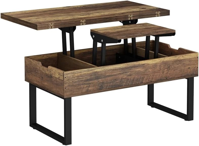 tavolino soggiorno Lifty, Rovere rustico, 100 x 50 cm con funzione di sollevamento, estendibile con piano regolabile in altezza e spazio contenitore