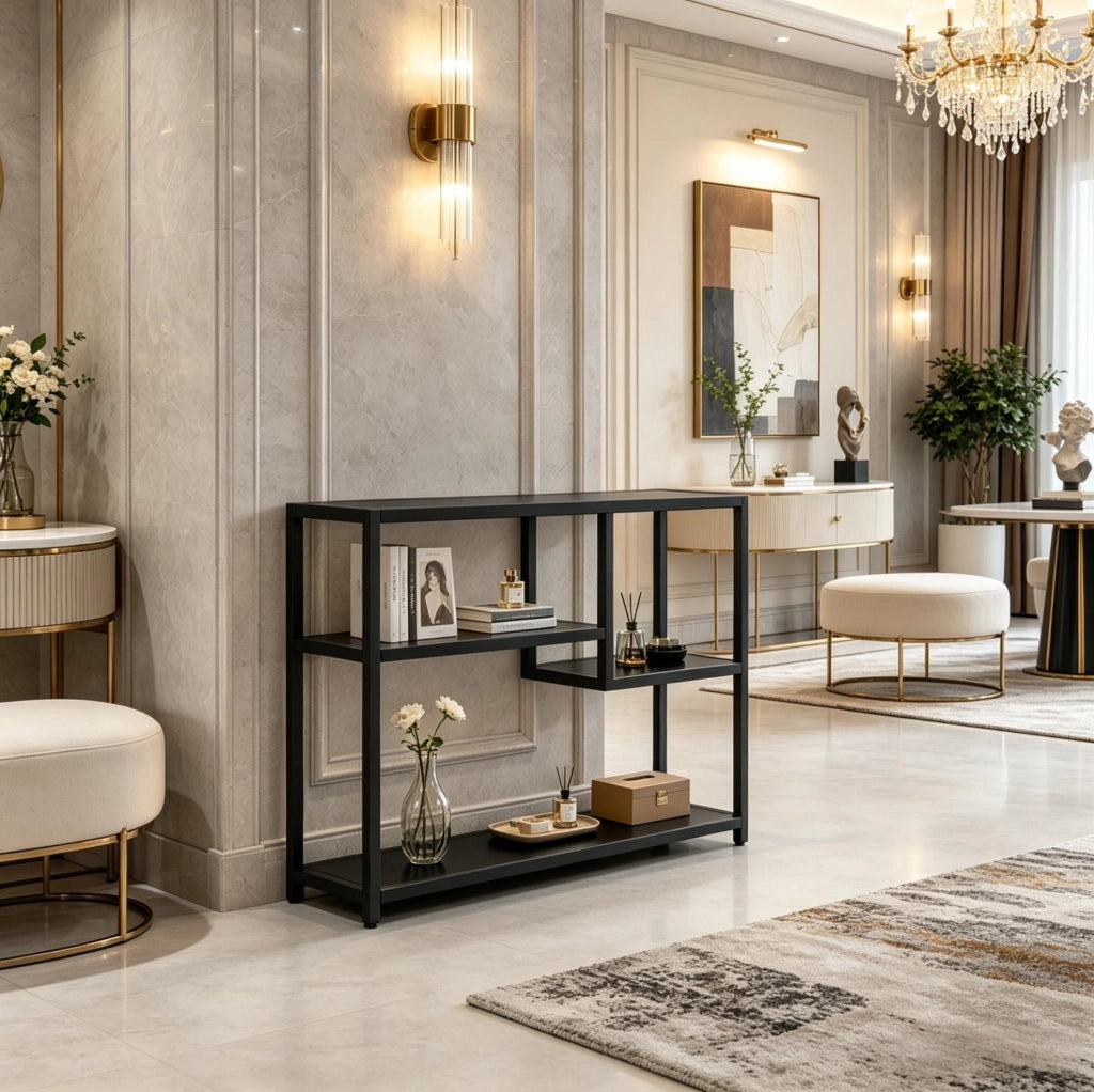 TAVOLO CONSOLLE 110x30x85 cm 4 Ripiani Nero Metallo e Legno