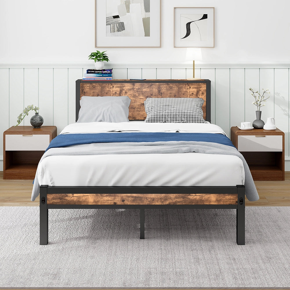 Letto metallo-Xylo-140x200 cm-testiera, contenitore, base piattaforma, marrone