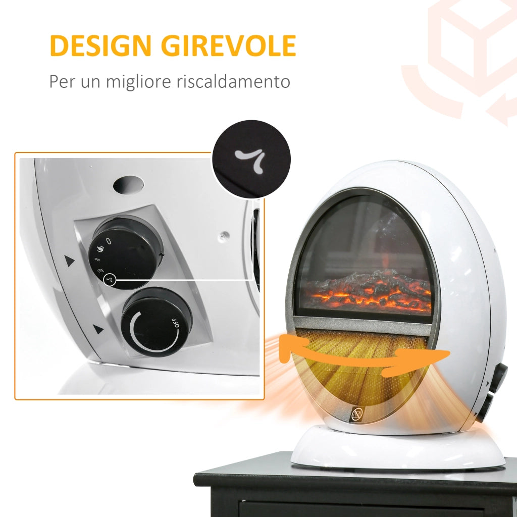 EasyComfort Camino Elettrico con Effetto Fiamma Ruotabile e Portatile, Caminetto Elettrico 1500W con Protezione da Surriscaldamento e Antiribaltamento, Copertura 10-15m², 30.5x18x35cm, Bianco
