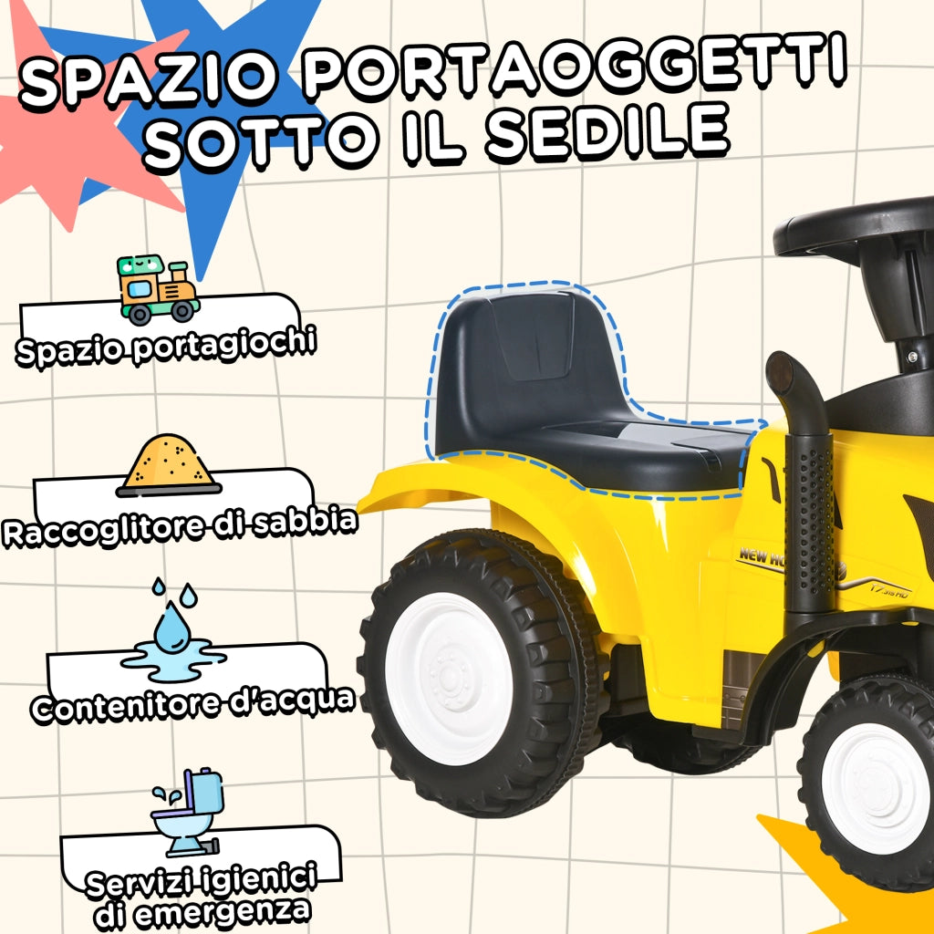 Trattore Giocattolo per Bambini Cavalcabile con Rimorchio, Rastrello e Pala, Gioco Educativo per Bimbi 12-36 Mesi, 91x29x44cm, Giallo