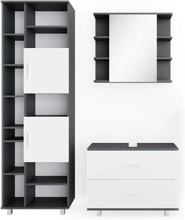 Set mobili bagno Ilias, Bianco/antracite, 80.2 cm, composto da mobile sottolavabo, specchiera e colonna alta