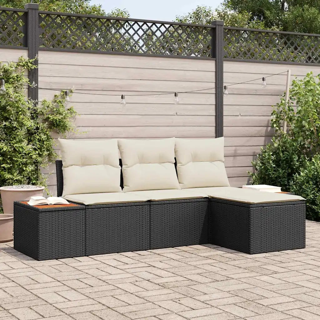 Set Divano da Giardino con cuscino 4 pz | Set Salotto da Giardino Nero polyrattan