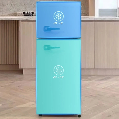 Frigorifero retrò; frigorifero-freezer combo; volume totale 92L; congelatore 28L; mensole per porte; mensole in vetro; luce LED; efficiente energetico; bianco antico