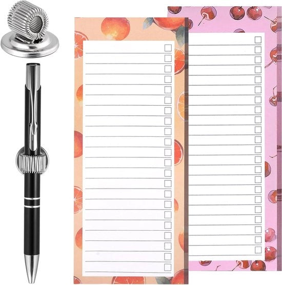 Blocchi da notizie magnetici per frigorifero - Elenco spesa - 2 pezzi - Disegno frutta - Inclusa pen holder - 50 fogli per blocco