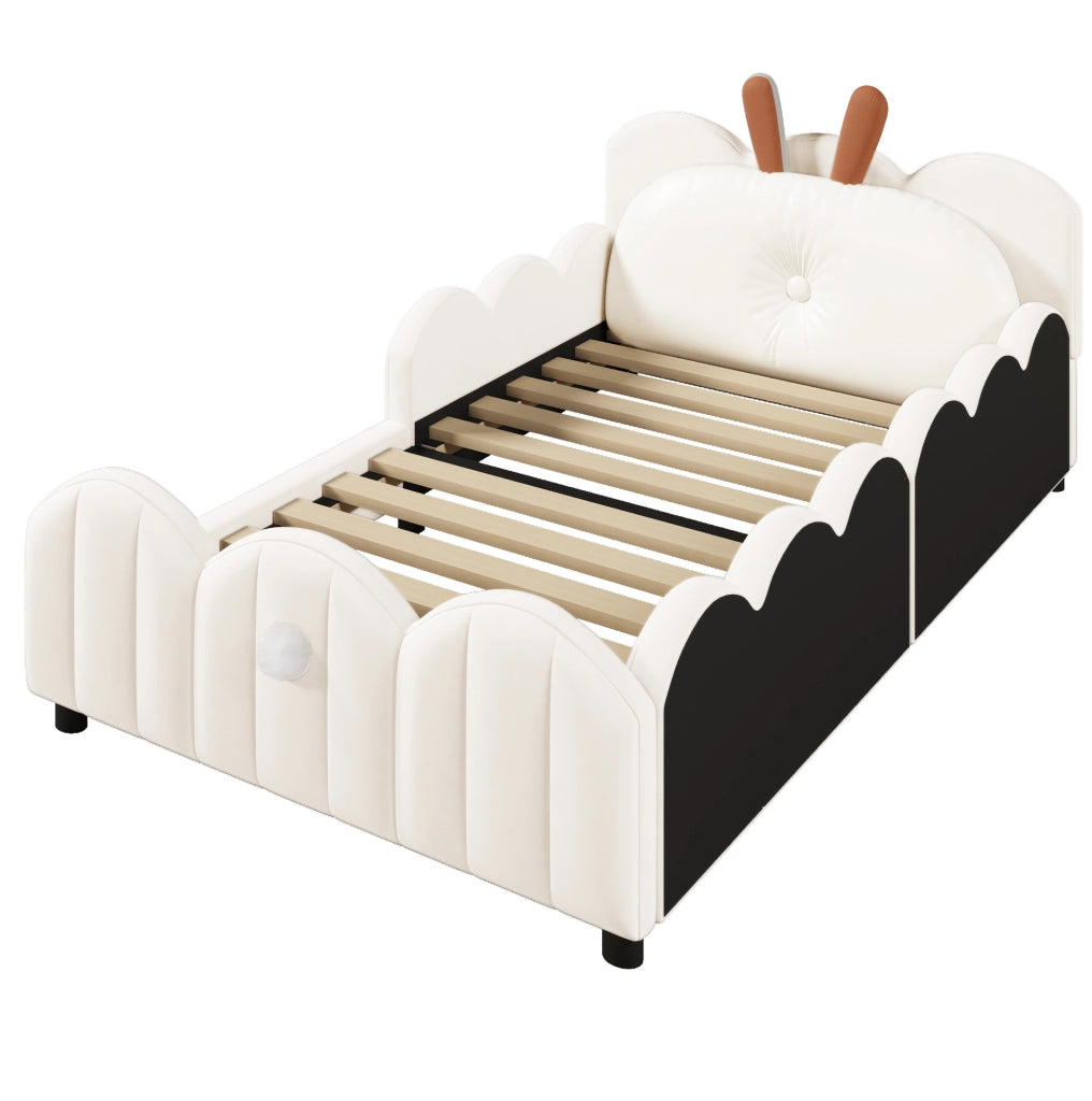 Letto imbottito 90x200 cm beige con cuscino testiera a forma di coniglio