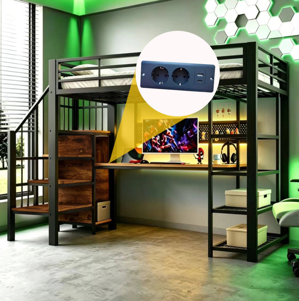 Letto a soppalco multifunzione 90x200 cm in metallo e legno; con scala contenitore; LED e prese; nero