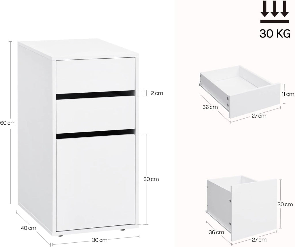 Comodino con 3 Cassetti di 2 Dimensioni, Cassettiera Bianco, 30x40x60 cm, Tavolino da Divano in Legno, Schedario, per Camera da Letto, Soggiorno, Corridoio, NTS17ws