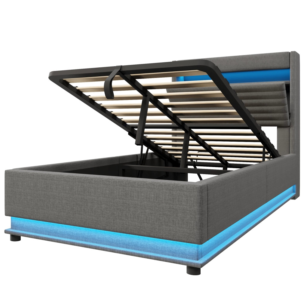 Letto imbottito 90x200 cm in lino grigio con contenitore idraulico; LED e porte USB