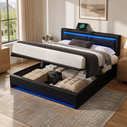 Letto imbottito 160x200 cm in PU nero con USB; LED e contenitore