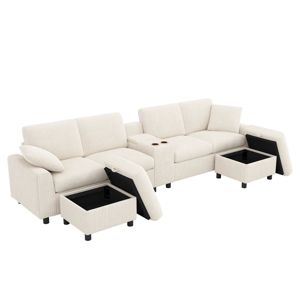 Divano modulare a U con contenitore; porte USB; prese e tavolino in velluto beige