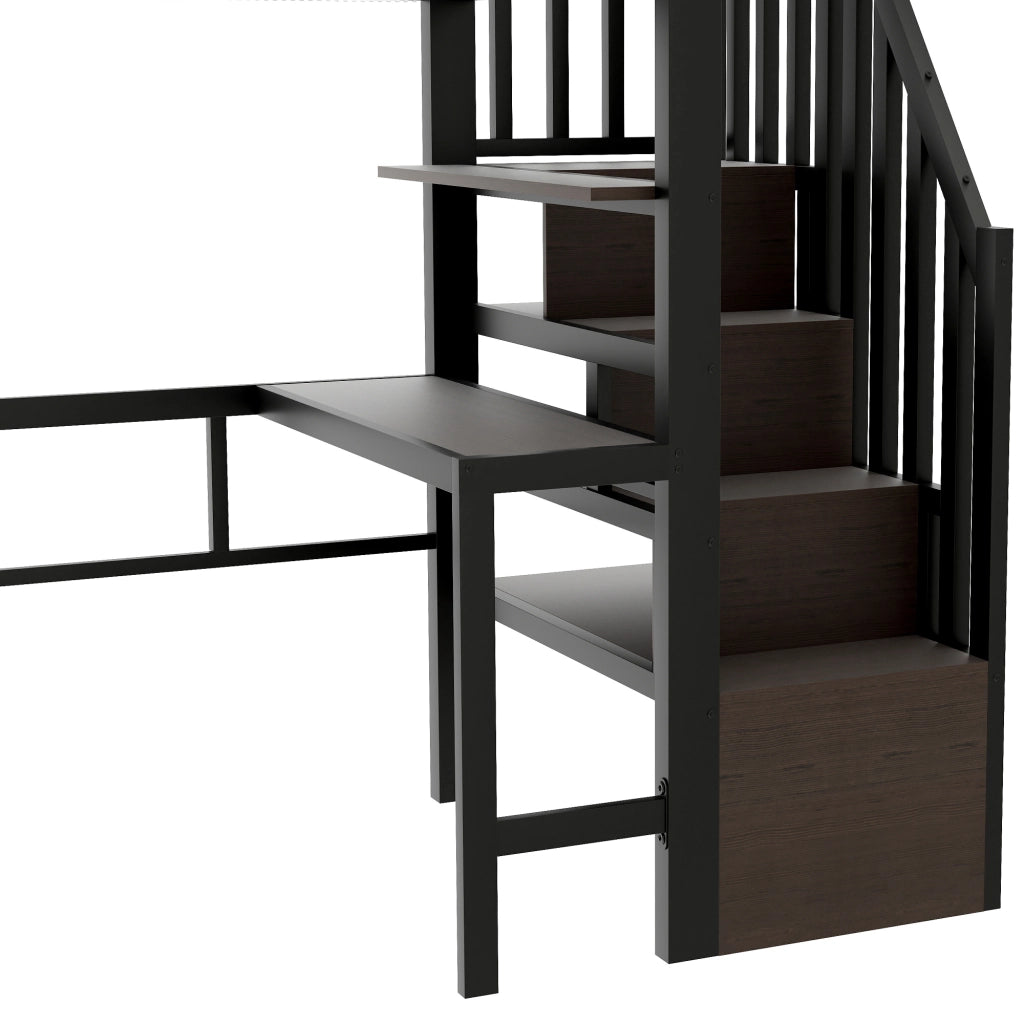 Letto a soppalco singolo 90×200 cm con scrivania; ripiani; LED e scale contenitore; senza materasso; metallo; nero
