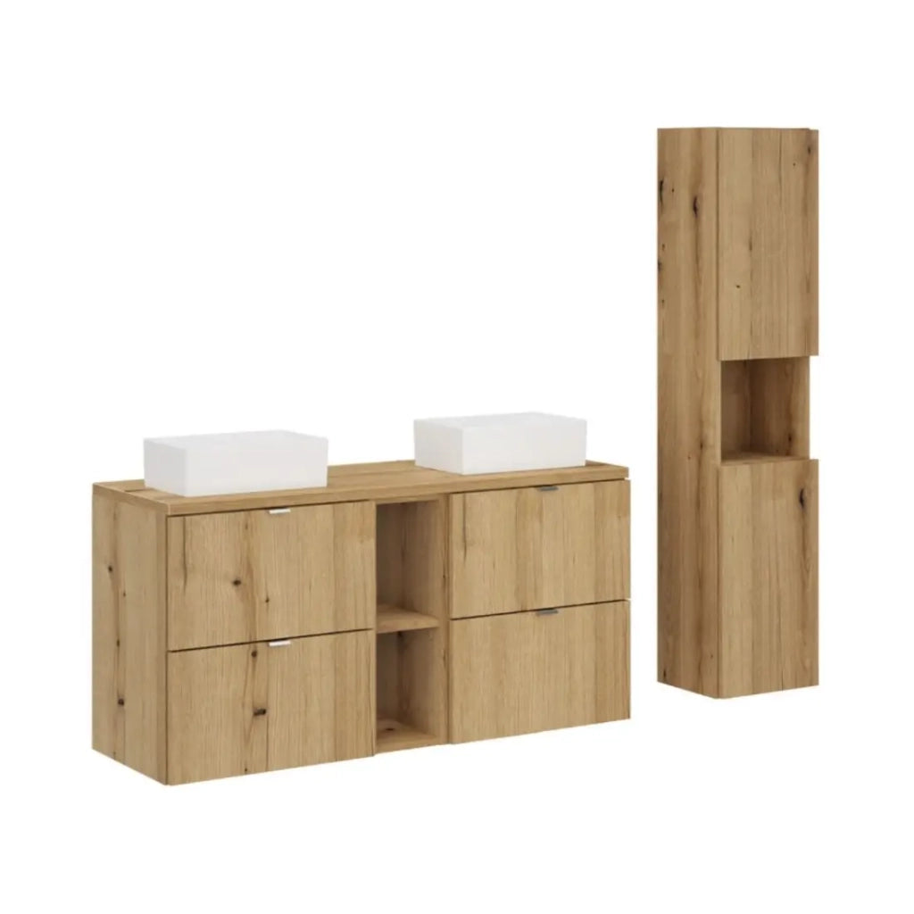 Set VANO effetto rovere 150cm: mobili sotto lavabo con cassetti e nicchie + piano per lavabo + lavabi da appoggio + colonna