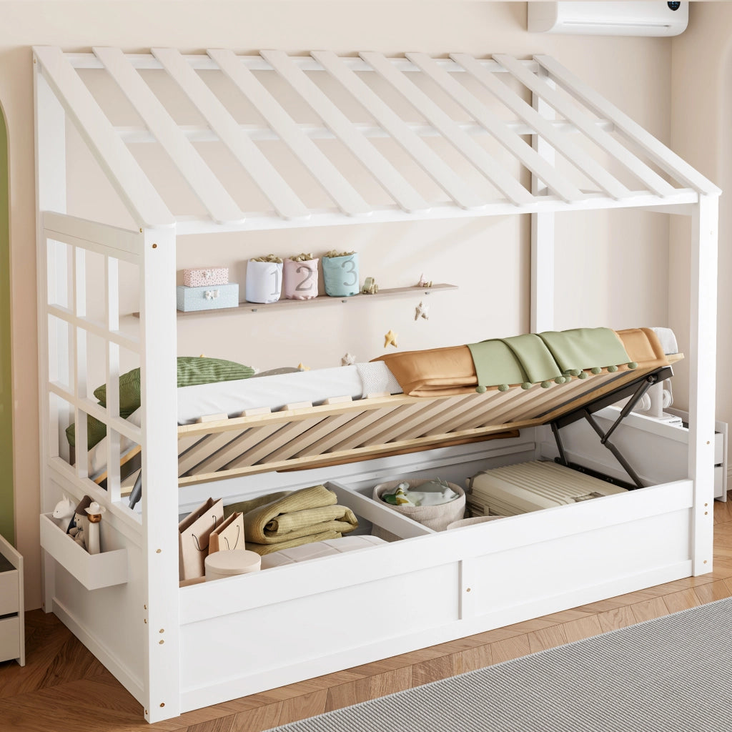 LETTO PER BAMBINI A CASETTA 90x200 cm Bianco in legno con vano contenitore