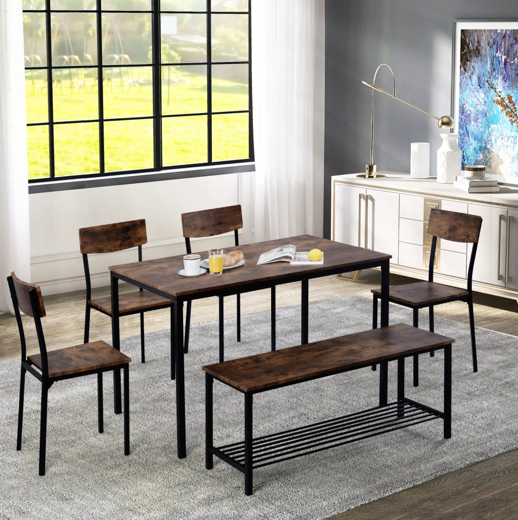 Set tavolo da pranzo 6 posti marrone e nero con panca e 4 sedie