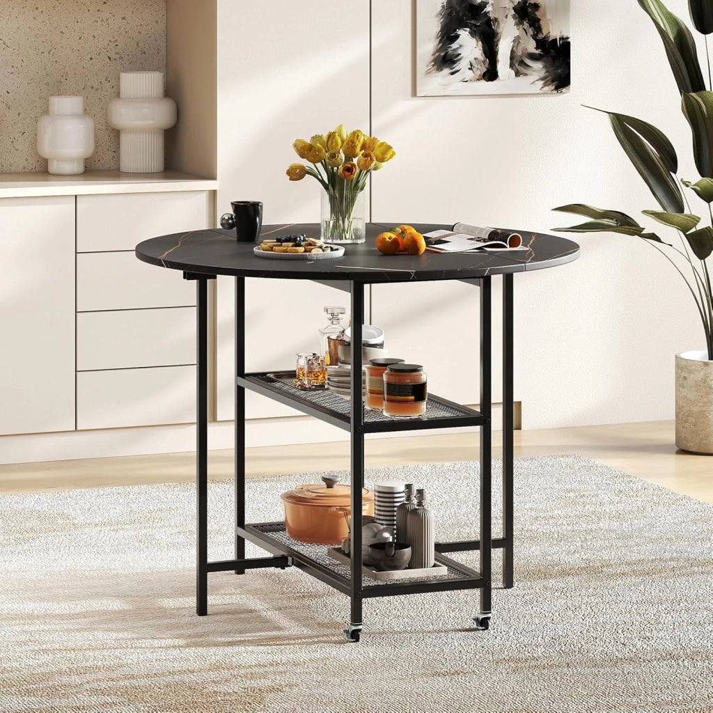 Tavolo da pranzo pieghevole, tavolo da cucina rotondo per 2-4 persone, tavolo da pranzo con 2 ruote, tavolo pieghevole cucina con 2 ripiani a griglia, tavolo da pranzo pieghevole effetto marmo