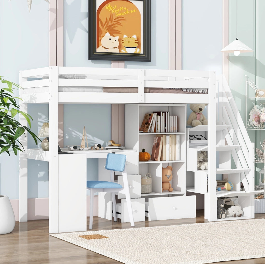 Letto a soppalco ULEVR 90x200 cm con scrivania, cassetti, ripiani e scaletta contenitore, bianco