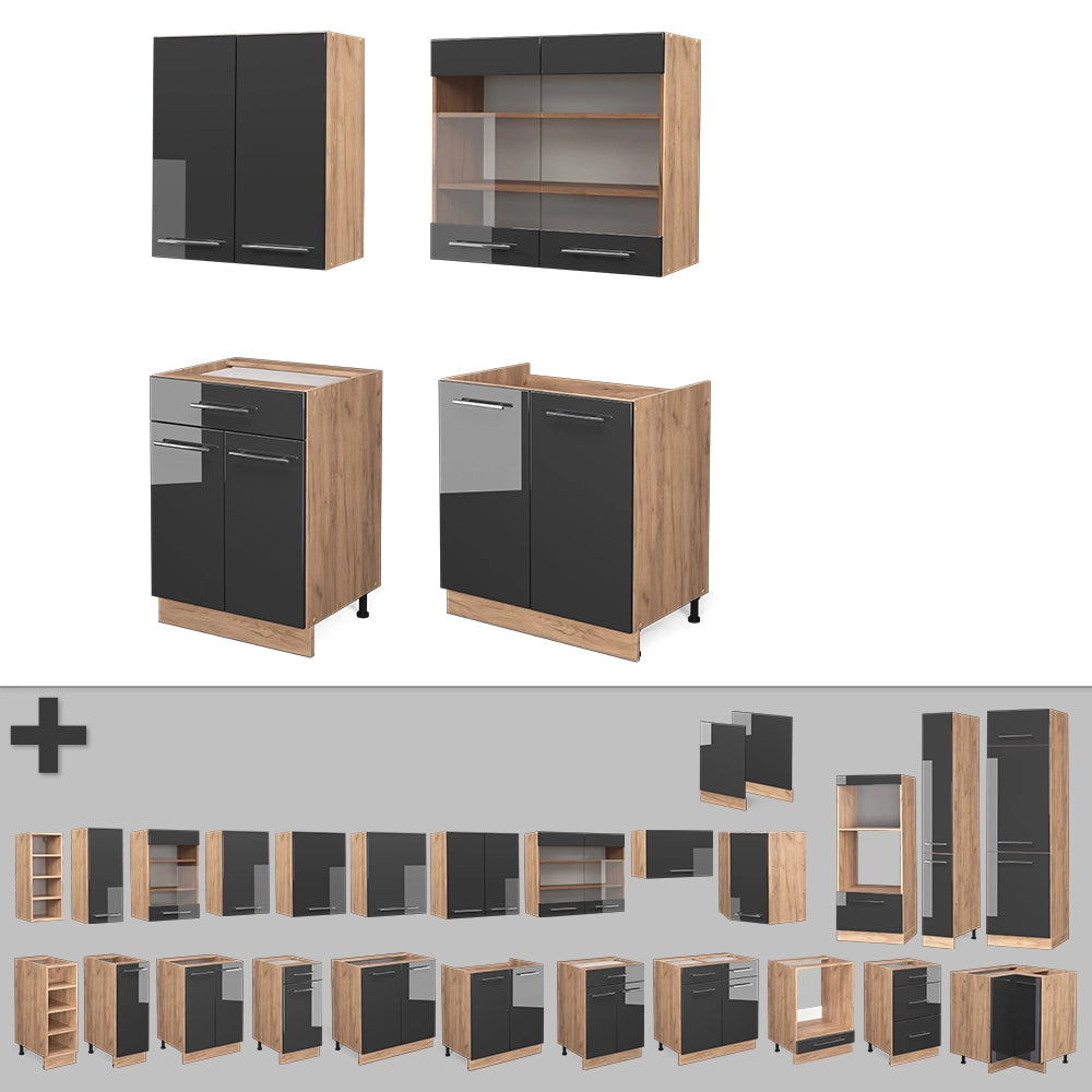 Vicco Cucina completa Antracite lucido/oro power oak 140 cm senza piano di lavoro
