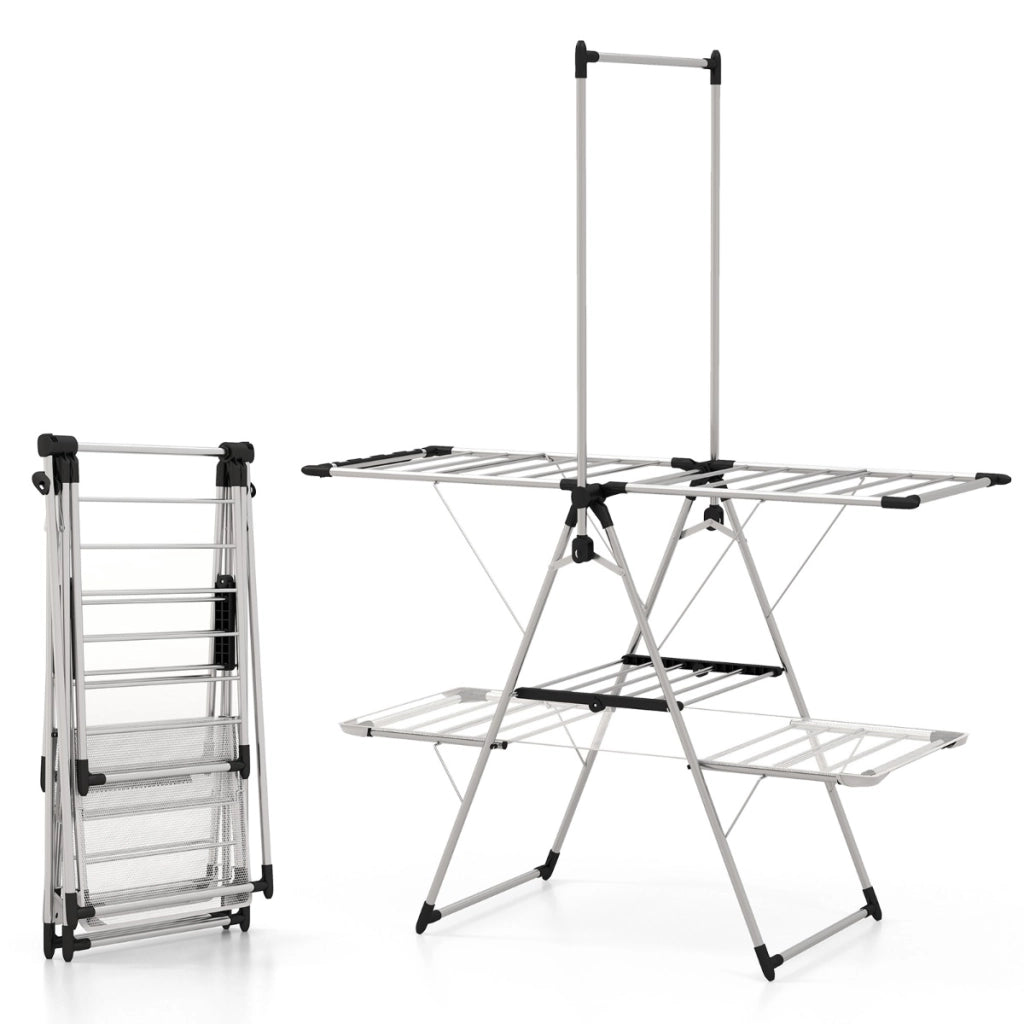 Stendibiancheria pieghevole con barra alta per appendere ala regolabile in altezza, Stendino in acciaio 138x63x182cm-Appendiabiti