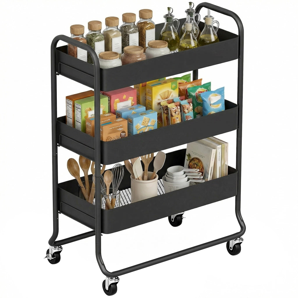 Carrello per Cucina con 3 Cestelli e 4 Ruote ¨C zephmum ¨C Nero, Metallo