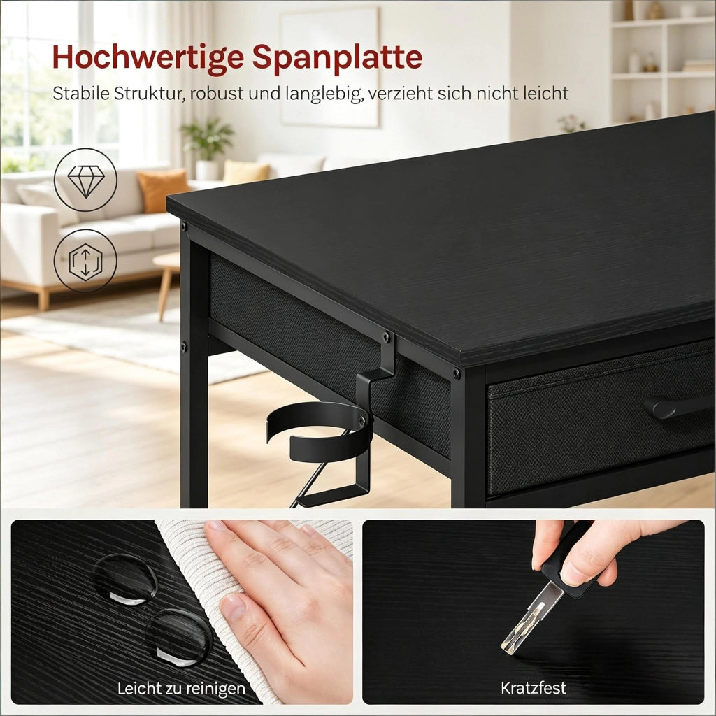 Scrivania con 2 cassetti in tessuto, ripiano laterale, prese usb e tipo c, per studio e soggiorno, nera 120 × 51 × 75 cm