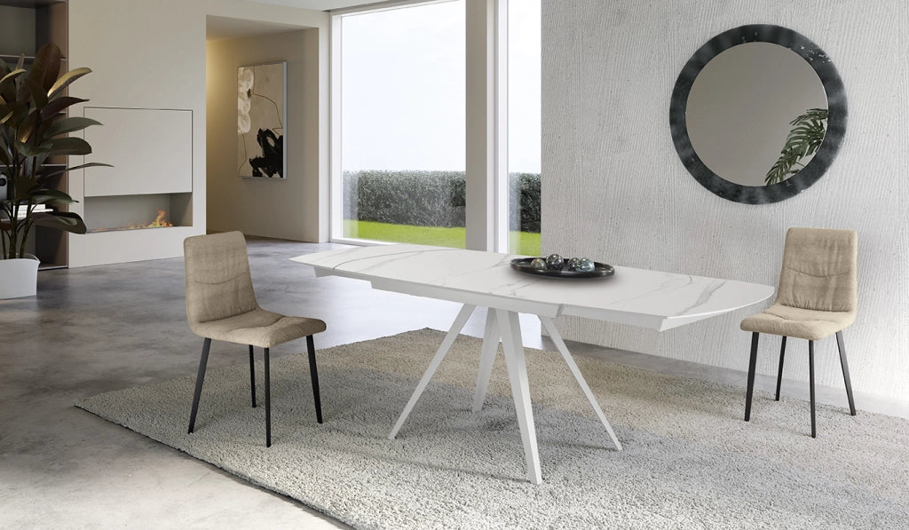 Tavolo Allungabile Kyoto 140 90x140/200x75 cm Top in Ceramica Gambe in Metallo Marmo Calacatta Bianco