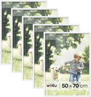 Set di 5 Cornici 50x70 cm con Passepartout, Portafoto in Orizzontale o Verticale, da Parete o Tavolo, in Legno MDF, Bianco
