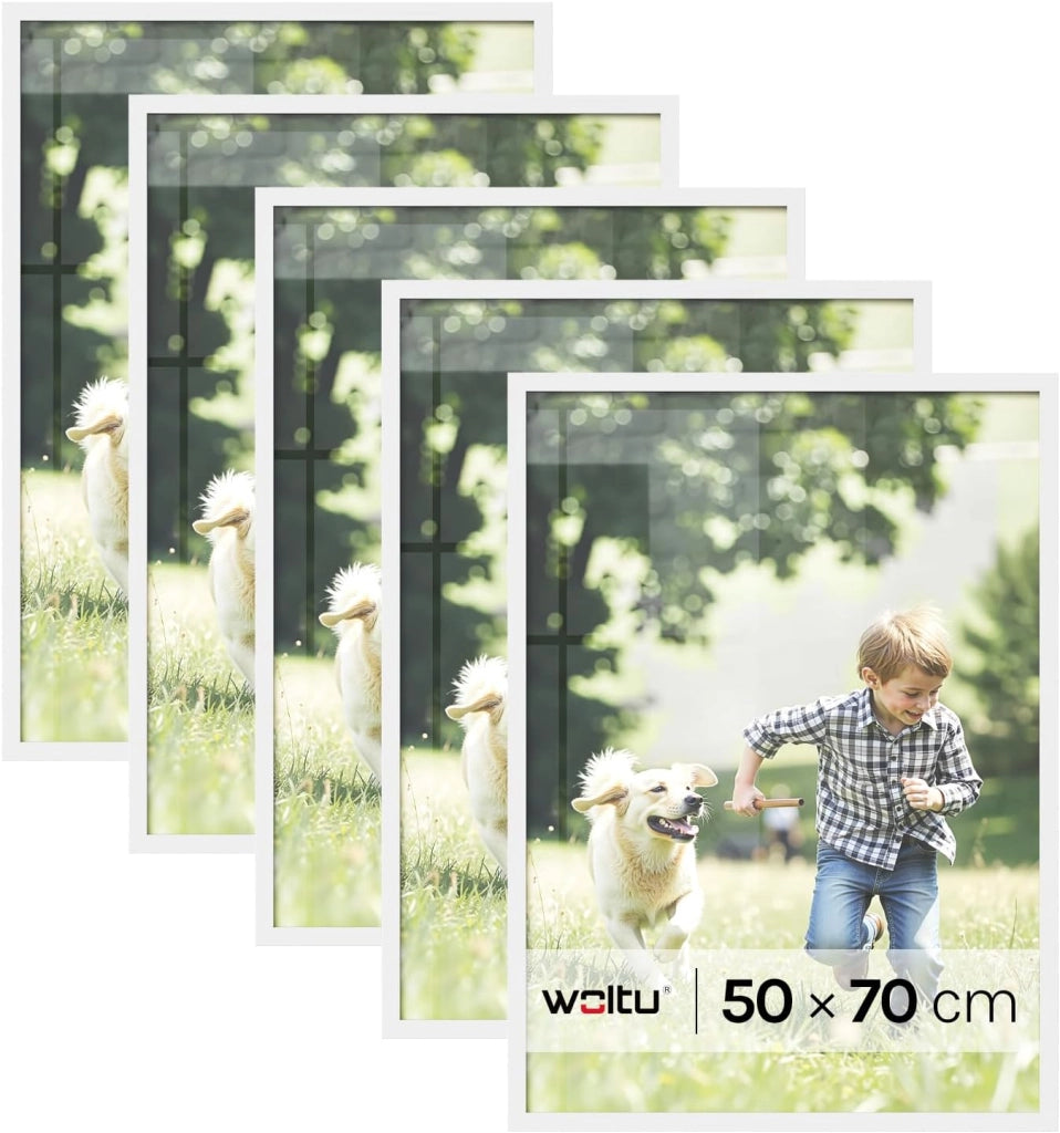 Set di 5 Cornici 50x70 cm con Passepartout, Portafoto in Orizzontale o Verticale, da Parete o Tavolo, in Legno MDF, Bianco
