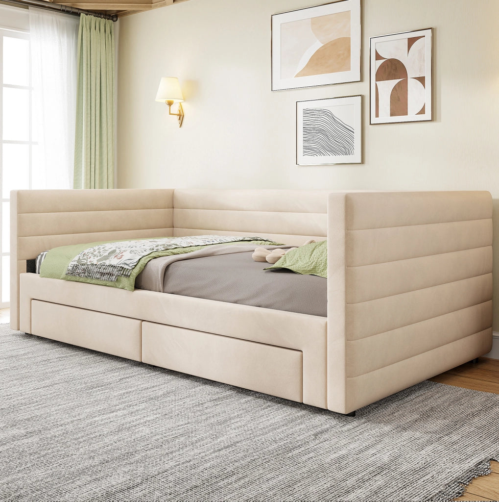 Letto imbottito estraibile 3 in 1 90x190 cm beige con cassetti