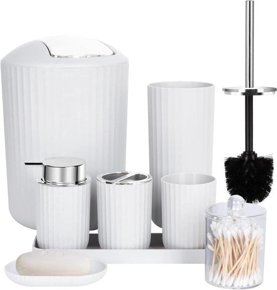 Set di accessori da bagno completo - 8 pezzi con contenitore per rifiuti, dispenser di sapone, ciotola per sapone, supporto per spazzola da denti, bicchierino per spazzola da denti, spazzola per il water e contenitori per Qtip, cassetta per trucco